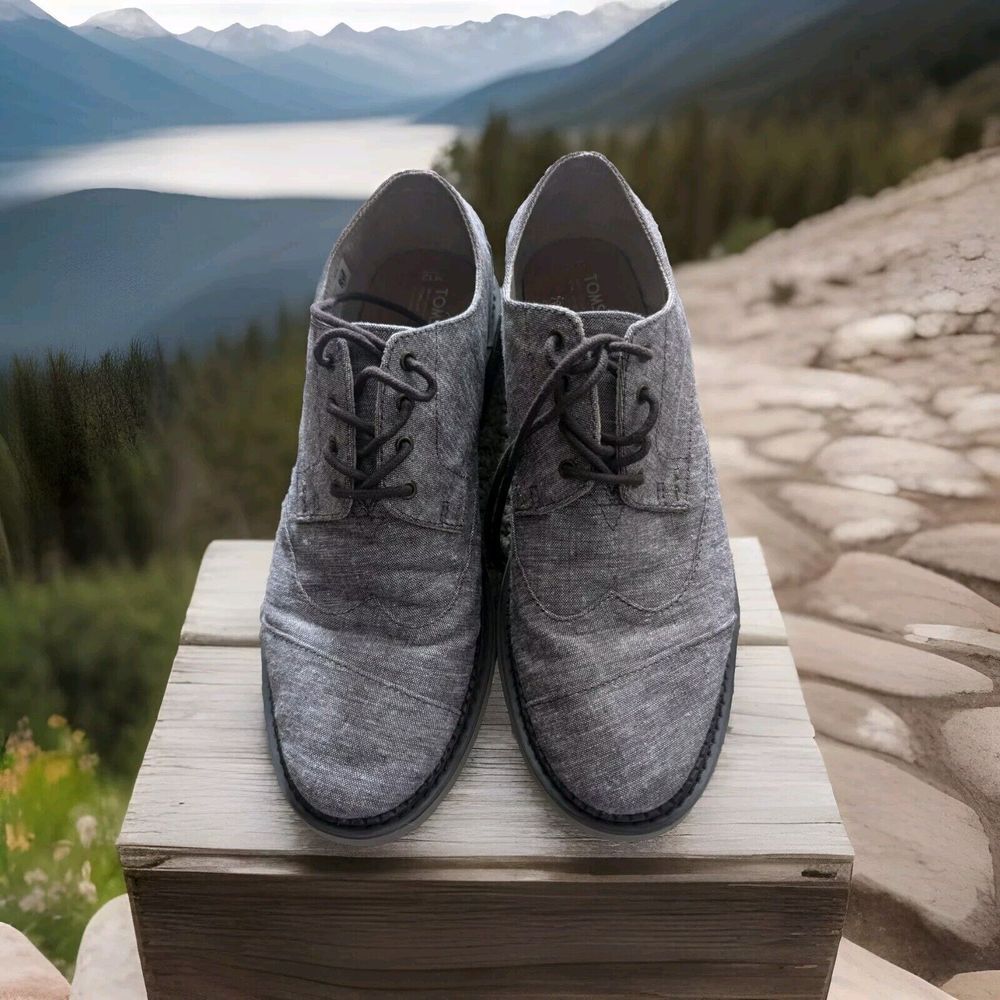TOMS Men's Brogue Wing Tip‎ 10010869 in Black Gray Slub Chambray Sz 12 Worn once